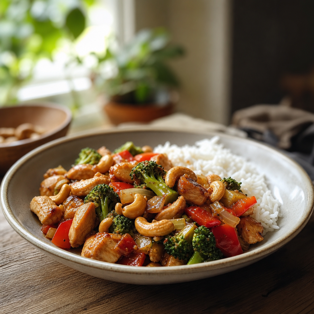 Kylling- og cashewwok med brokkoli, paprika og jasminris