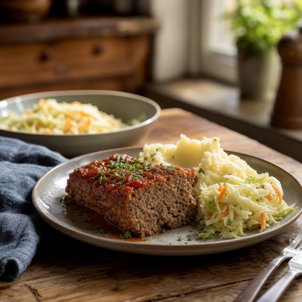 Ovnsbakt kjøttloff med potetmos og kålsalat