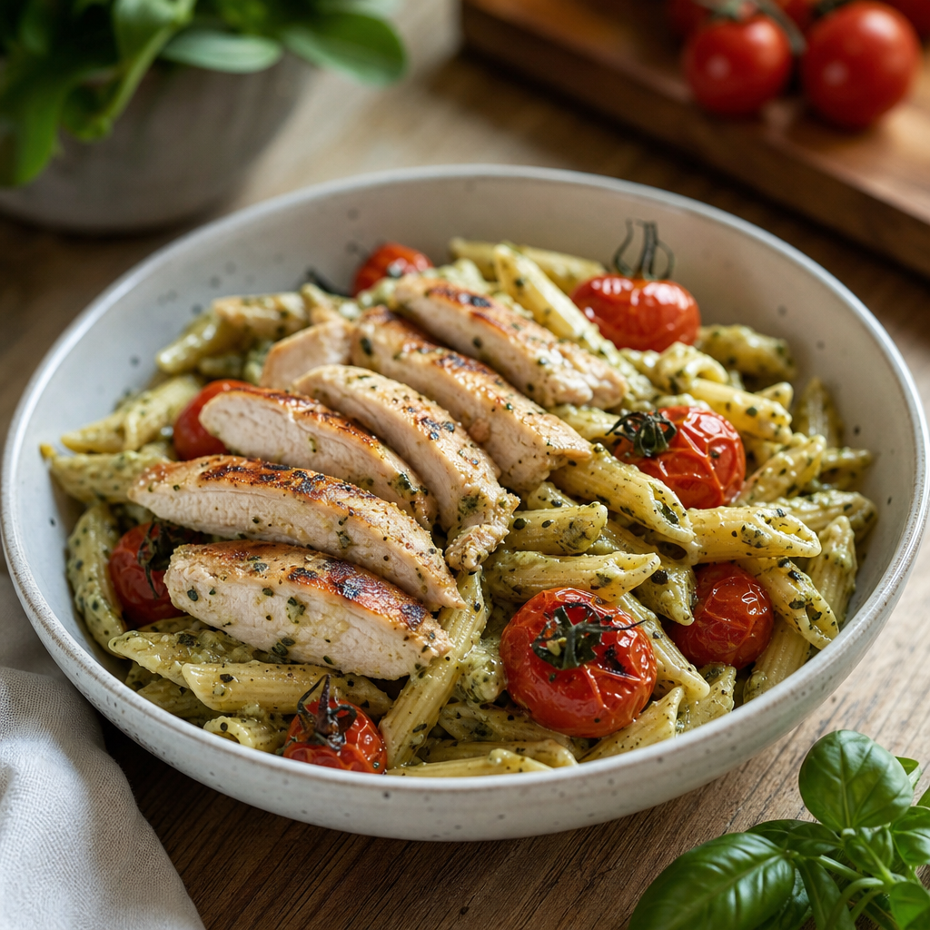 Fullkornspasta med kremet urtepesto, kylling og ovnsbakte cherrytomater