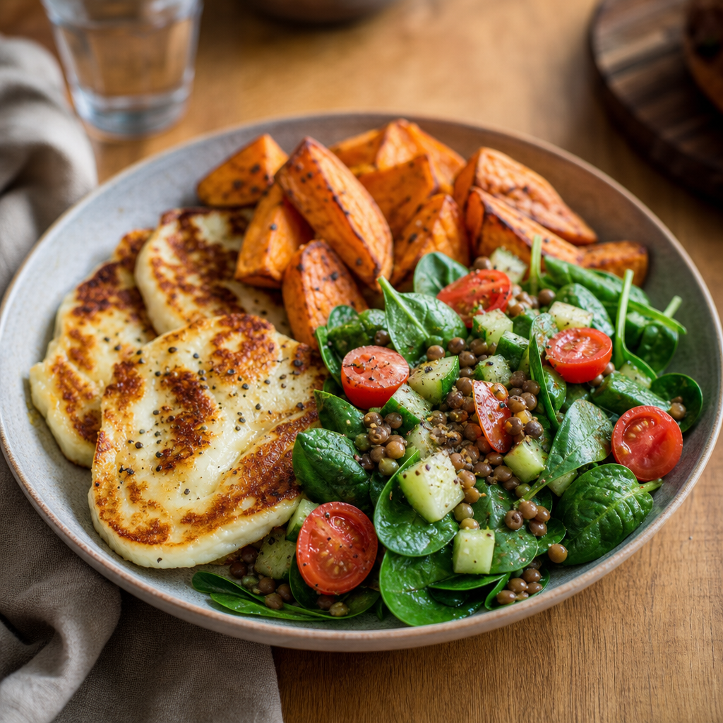 Stekt halloumi med ovnsbakt søtpotet og linse- og spinatsalat