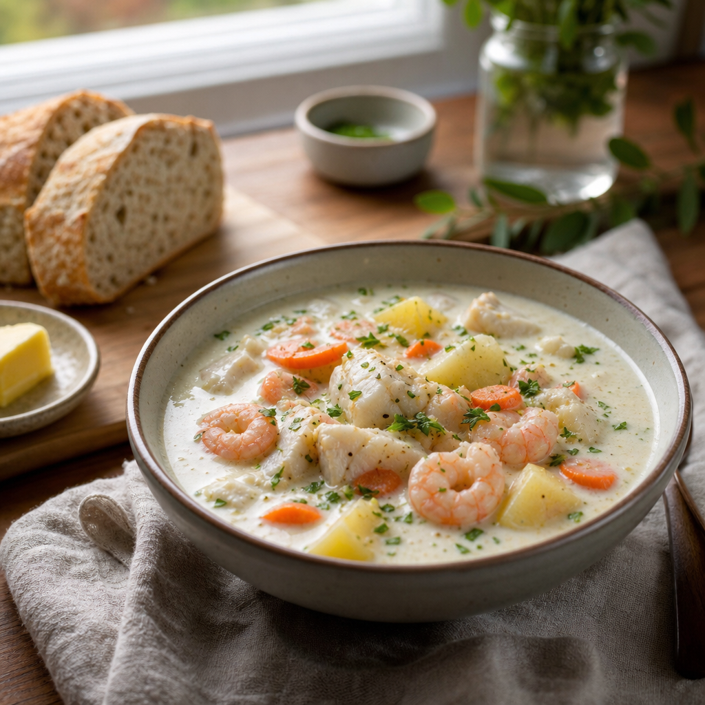 Kremet fiskesuppe med torsk, reker og grønnsaker med grovt brød