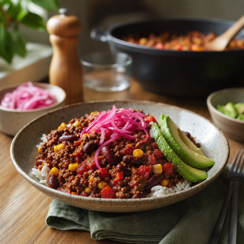 Mild chili con carne med bønner, mais og ris, med avokado og syltet rødløk