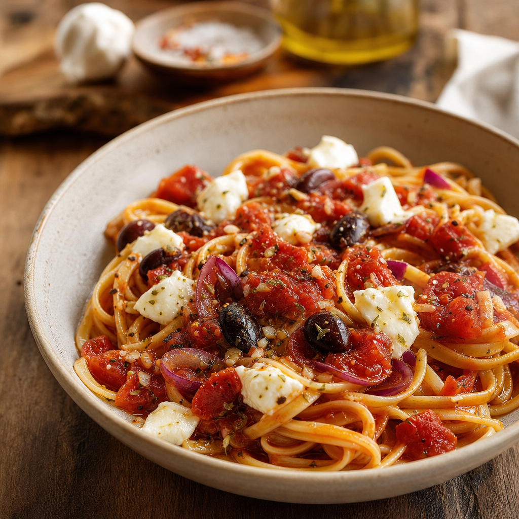 Pasta med spicy tomatsaus, oliven og mozzarella