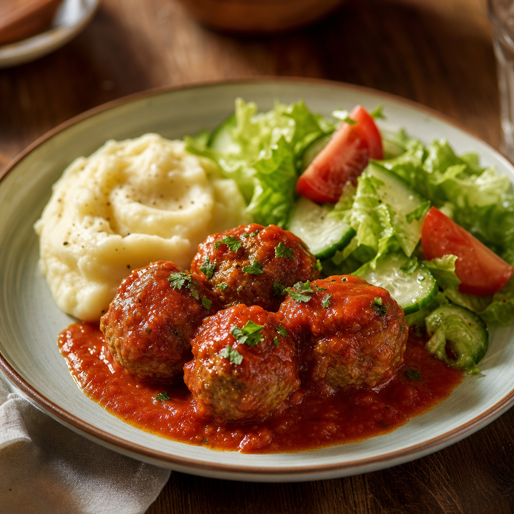 Kjøttboller i tomatsaus med potetmos og enkel salat