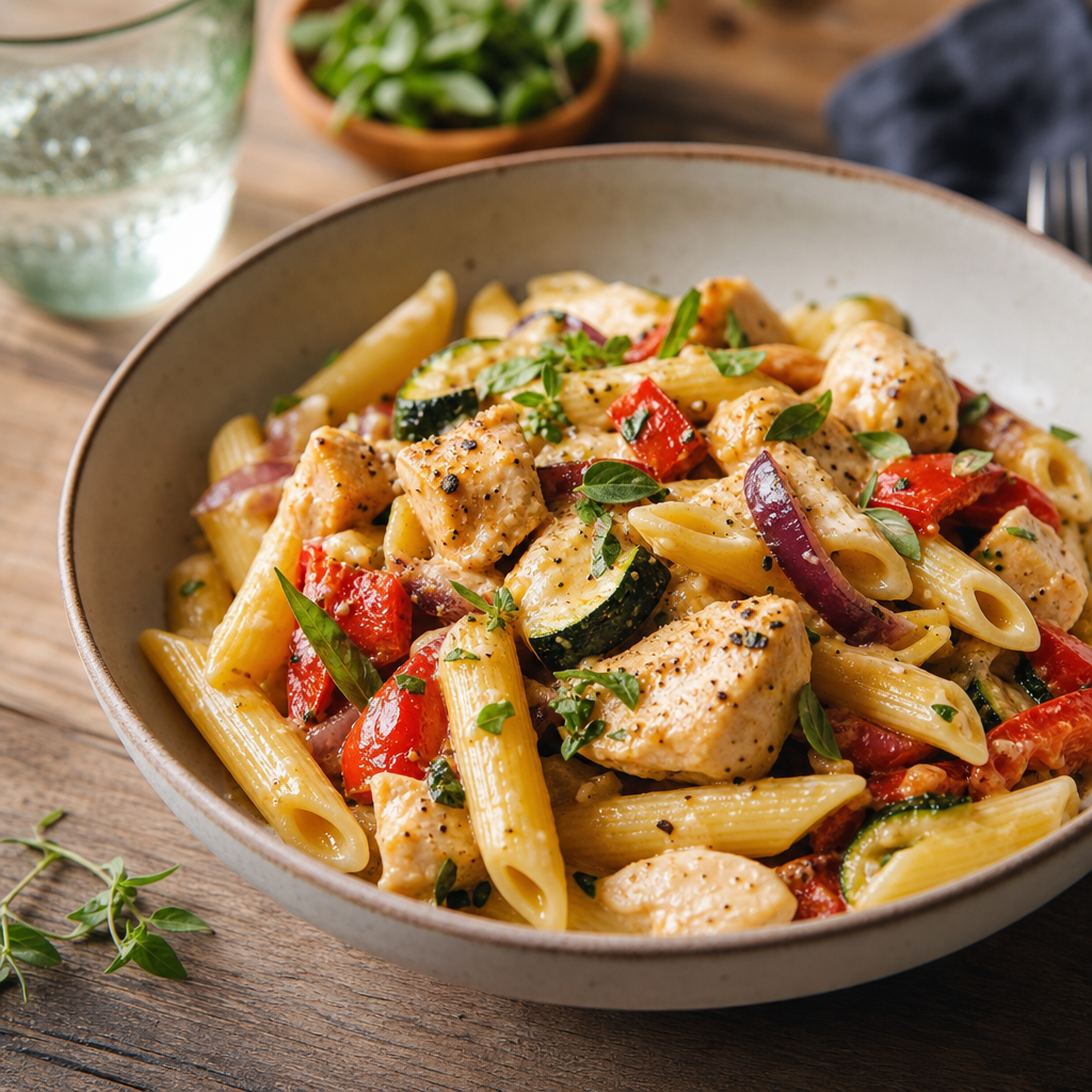 Penne med kylling, ovnsbakt paprika og squash i kremet sitronsaus