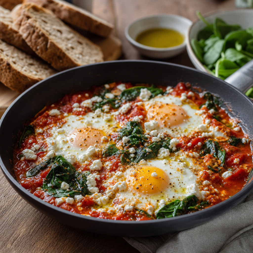 Shakshuka med spinat, feta og grovt brød