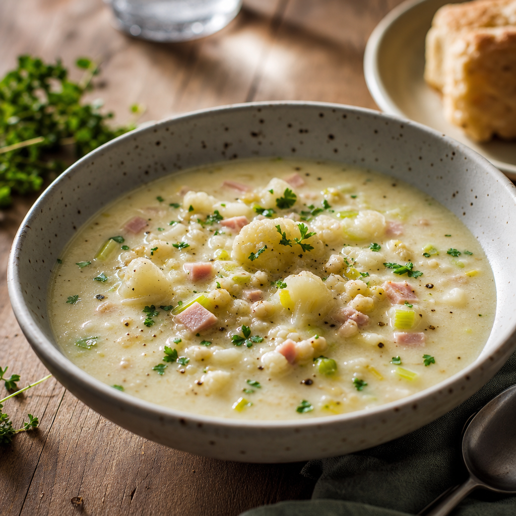 Blomkålsuppe med purre, skinke og perlebygg