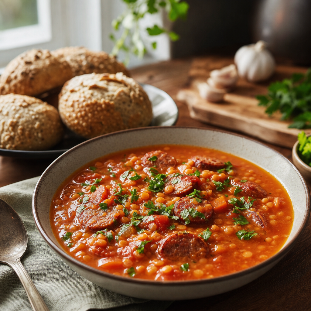 Tomat- og linsesuppe med chorizo og grove rundstykker