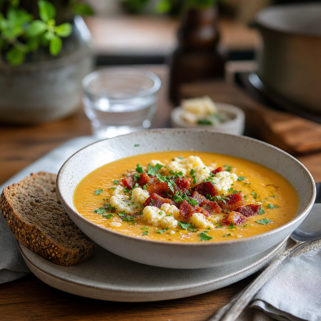 Blomkål- og gulrotsuppe med bacon og grovt brød