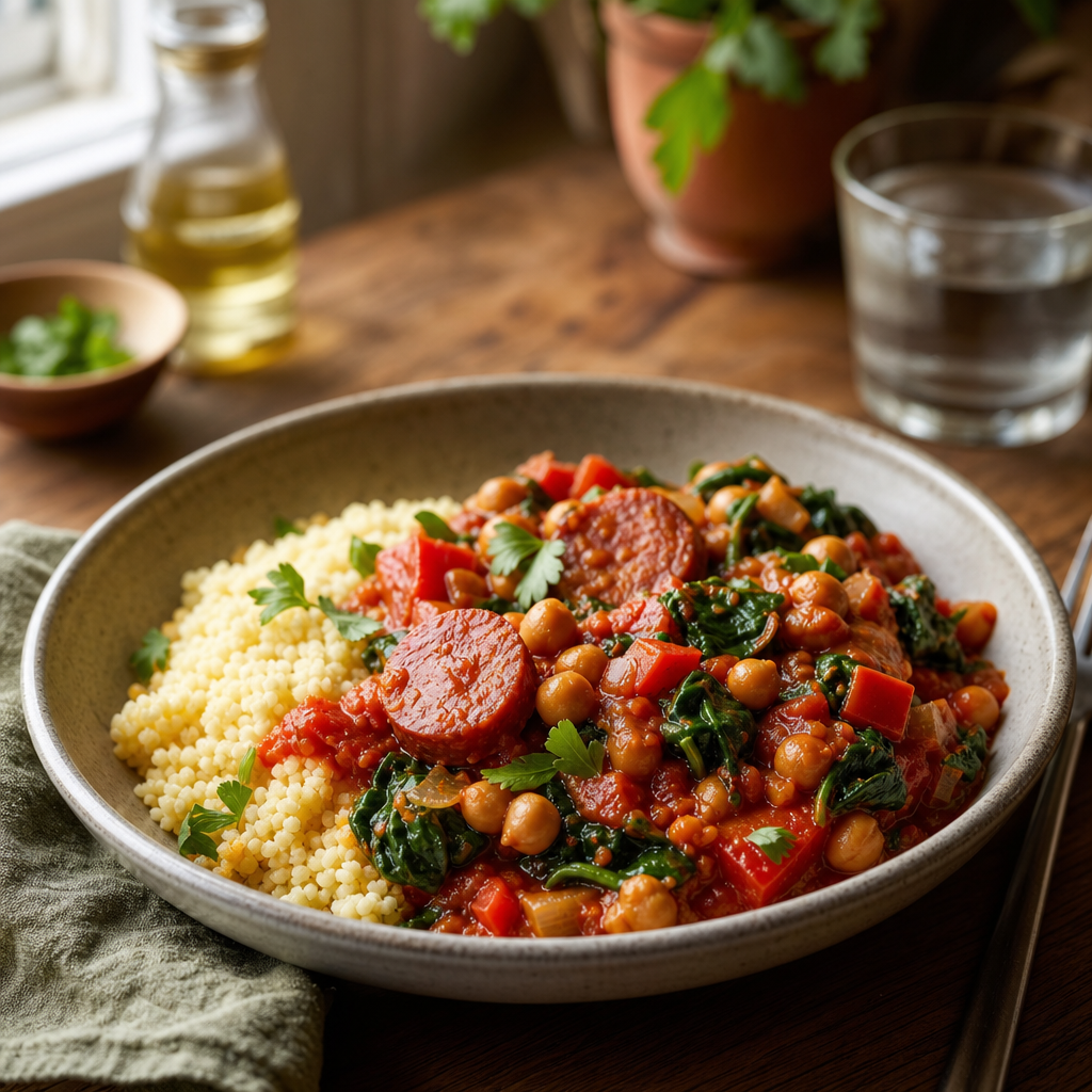 Kikert- og chorizogryte med spinat og couscous
