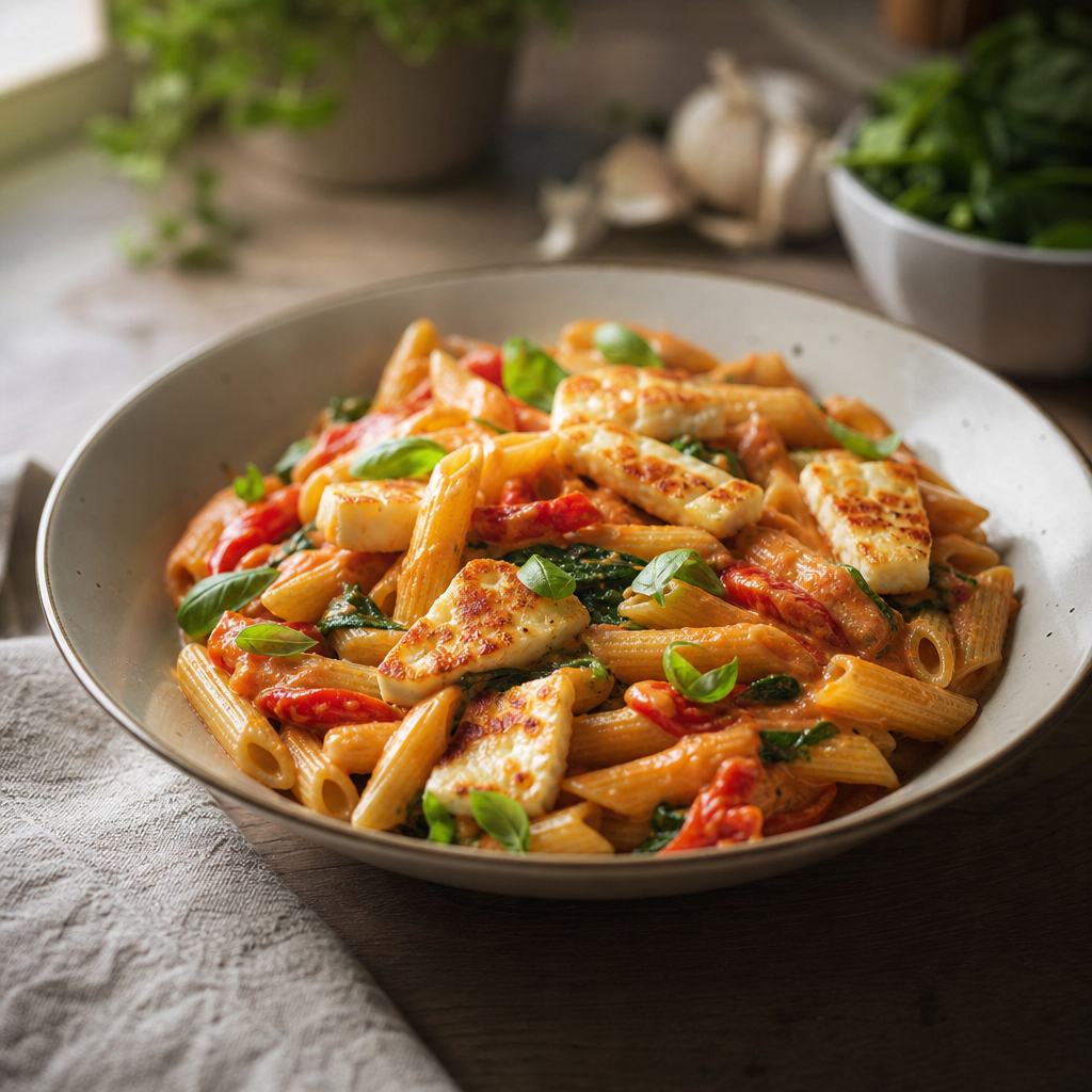 Pasta med ovnsbakt paprika- og tomatsaus, halloumi og spinat