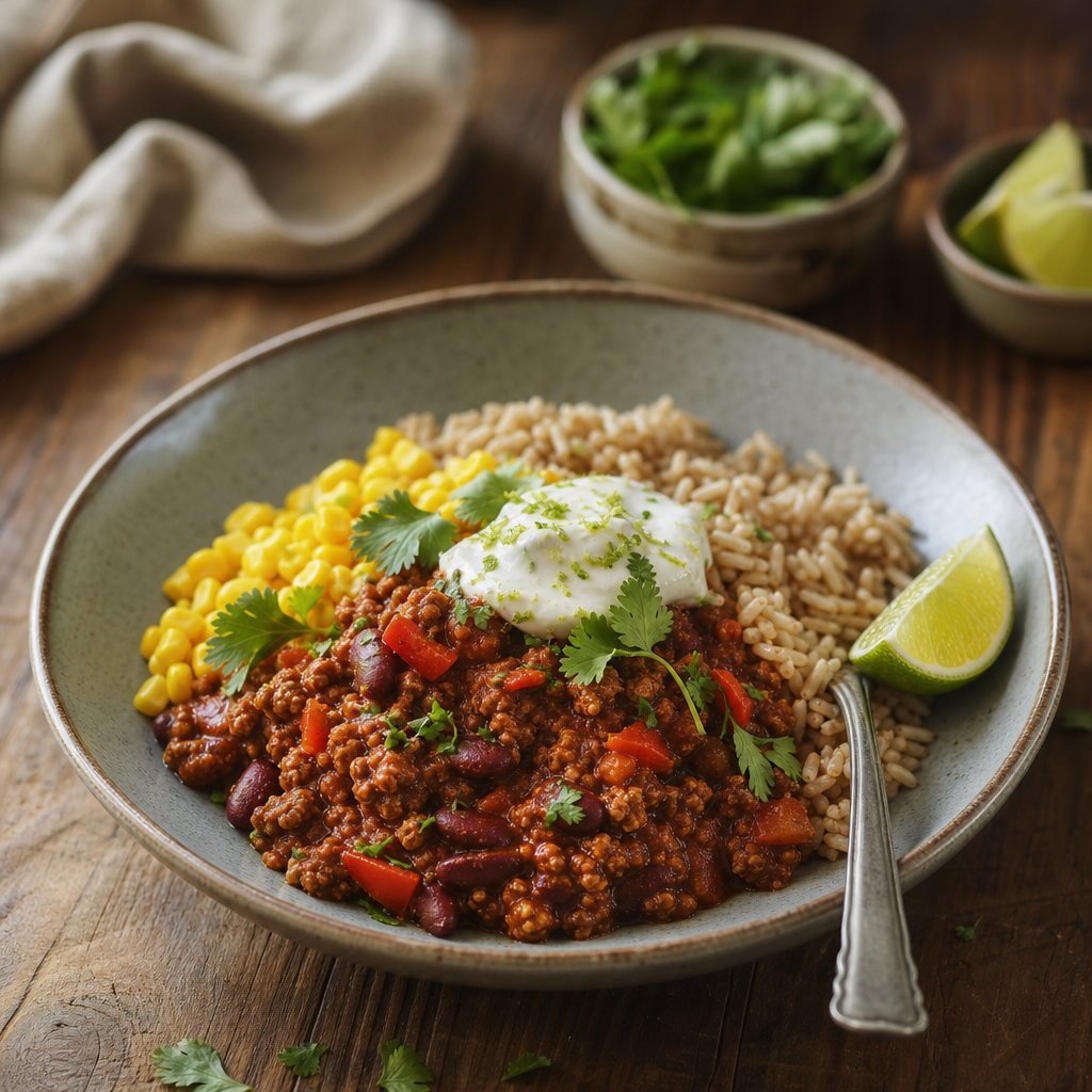 Chili con carne med fullkornsris, mais og limeyoghurt