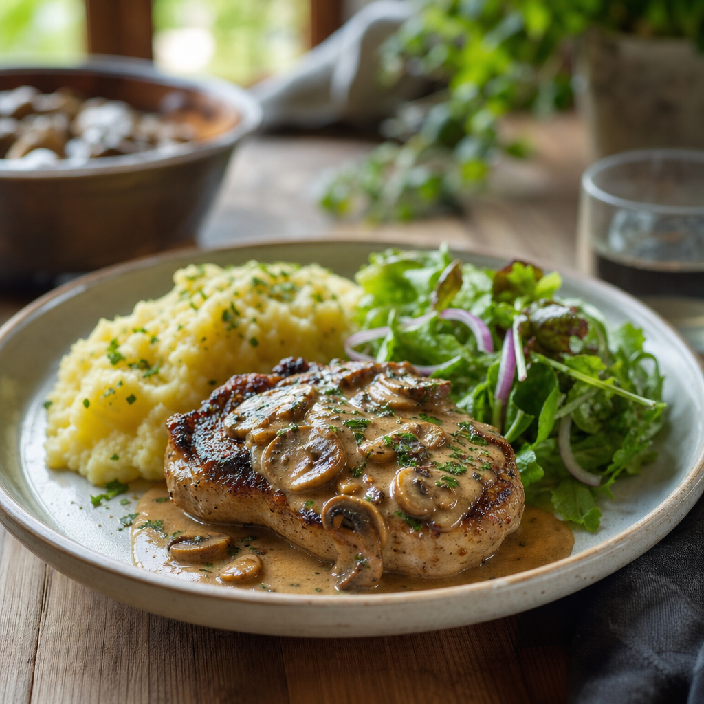 Svinekoteletter med kremet soppsaus, potetmos og grønn salat