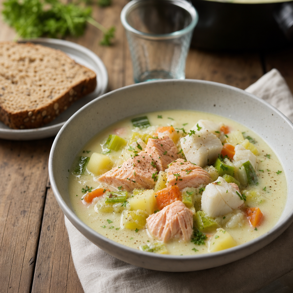 Kremet fiskesuppe med laks og torsk, grønnsaker og grovbrød
