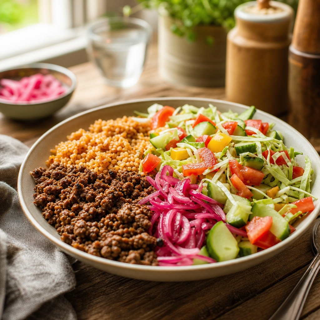 Kebabkrydret kjøttdeig med bulgur, frisk salat og syltet rødløk