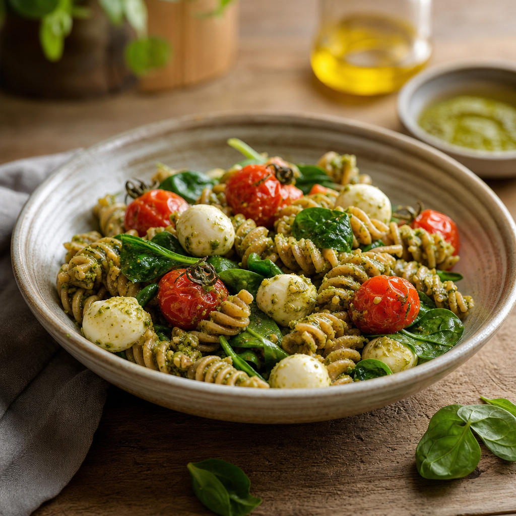 Fullkornspasta med pesto, ovnsbakte cherrytomater og mozzarella