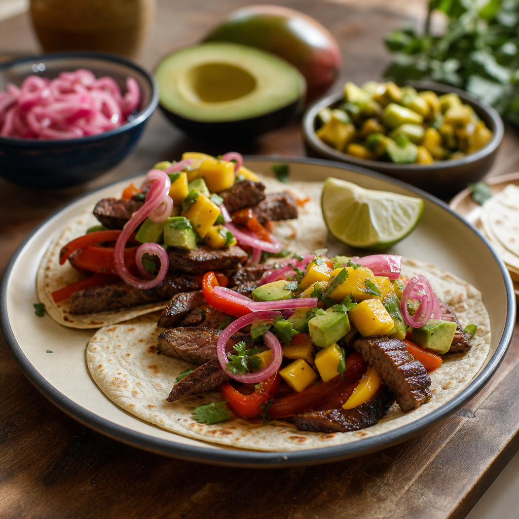 Biff fajitas med paprika, mangosalsa og syltet rødløk