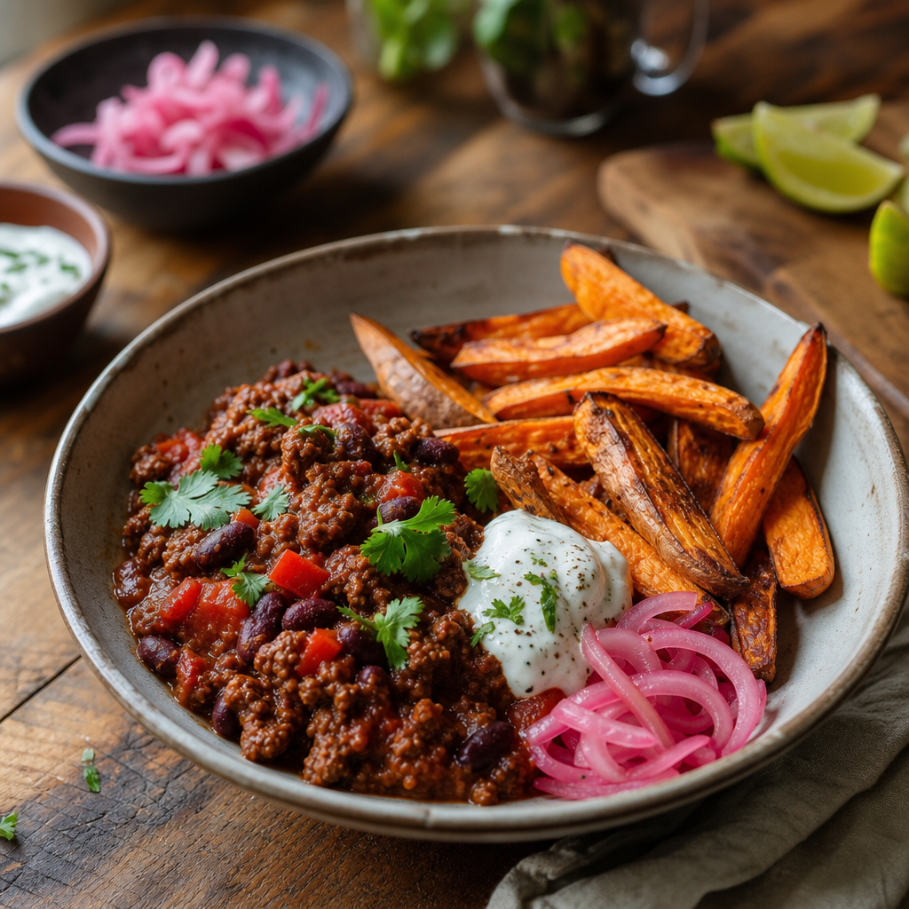 Chili con carne med bakte søtpoteter, limeyoghurt og syltet rødløk