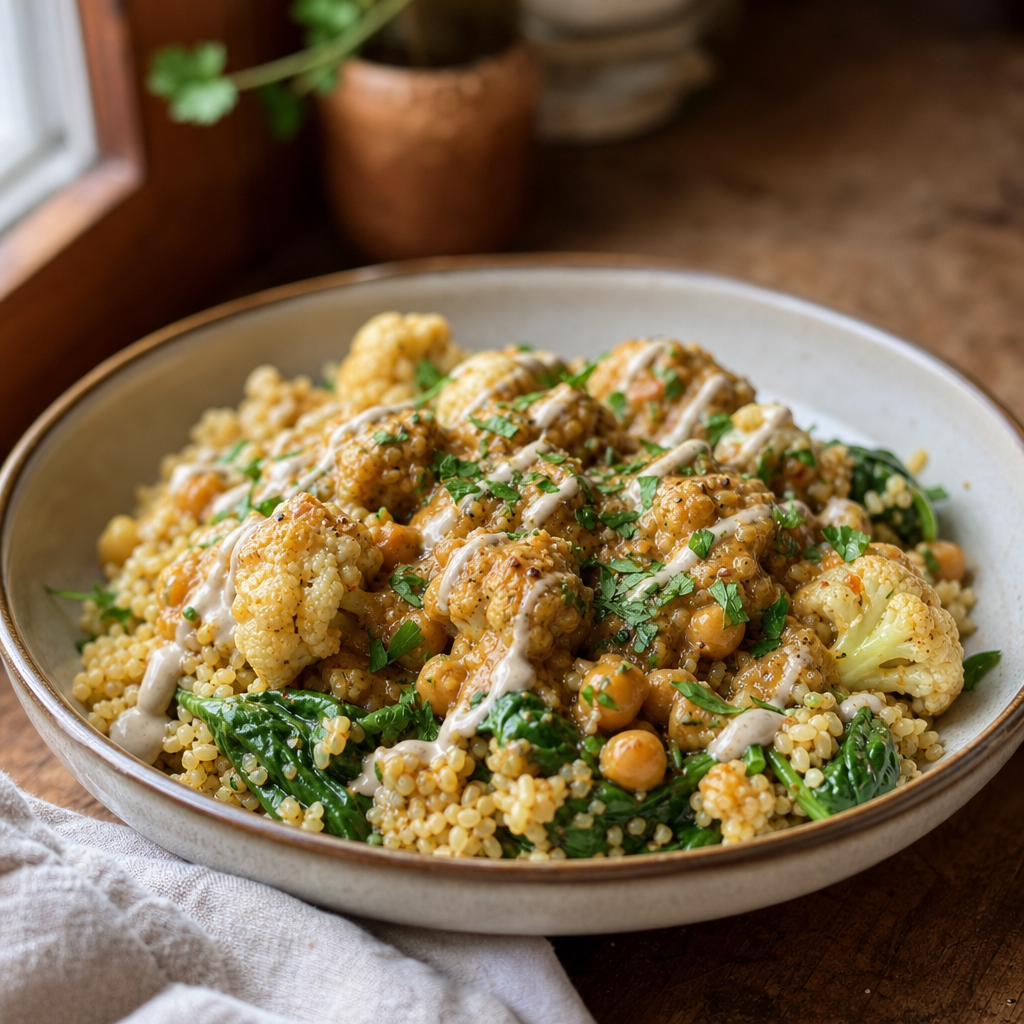 Blomkål- og kikertgryte med spinat, bulgur og tahinidressing