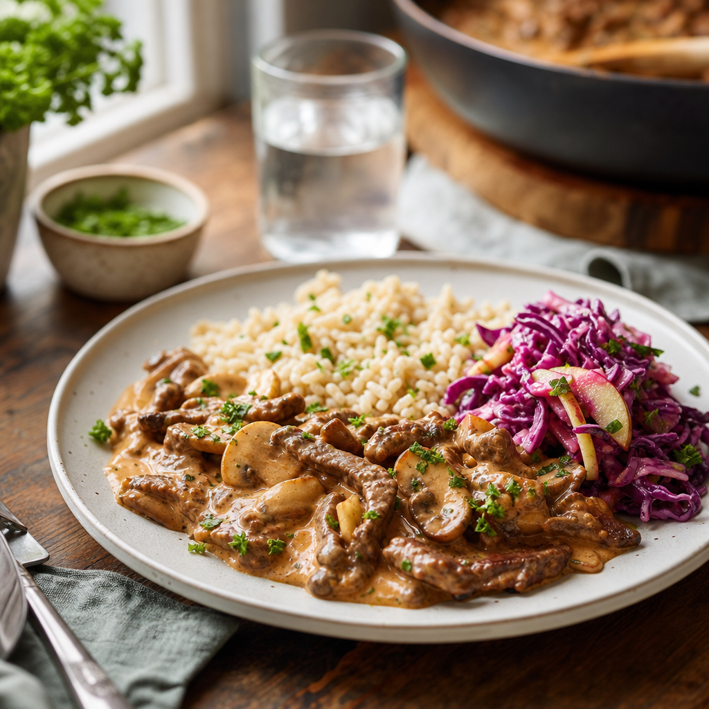 Biffstroganoff med fullkornsris og frisk rødkålsalat