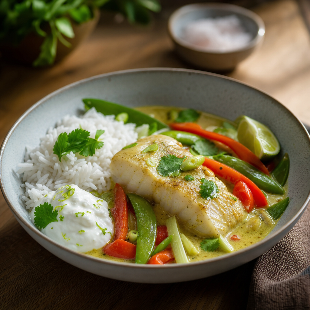 Torsk i grønn curry med kokosmelk, grønnsaker, jasminris og limeyoghurt