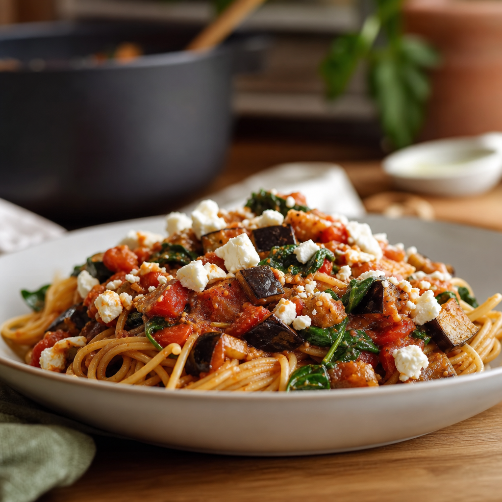 Pasta med aubergine- og tomatsaus, spinat og feta