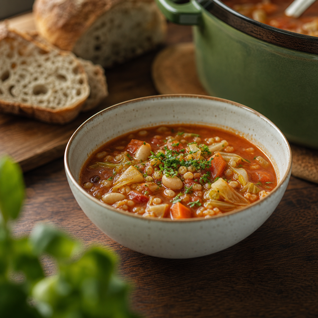Minestronesuppe med bønner, perlebygg og tomatsaus