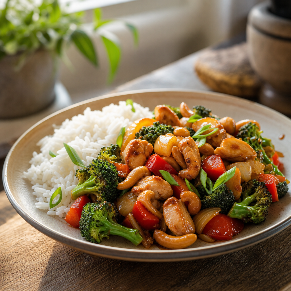 Thai-inspirert kyllingwok med cashewnøtter, brokkoli og jasminris