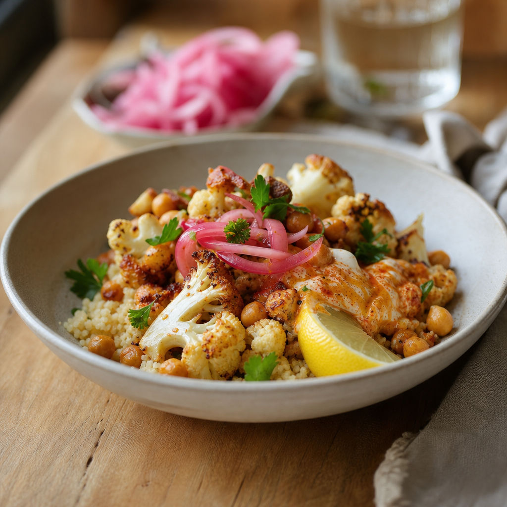Ovnsbakt blomkål og kikerter med couscous, harissa-yoghurt og syltet rødløk