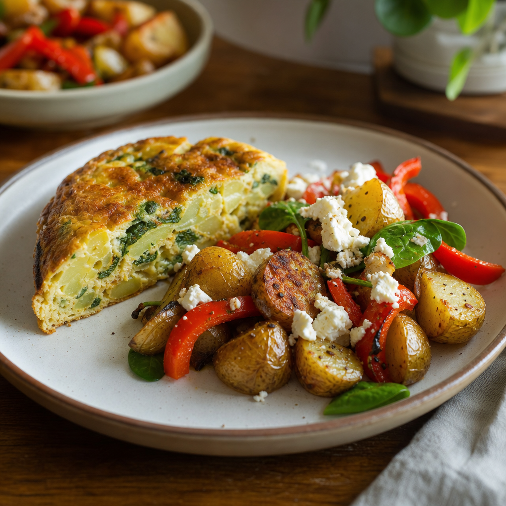 Spansk tortilla med ovnsbakte poteter, paprika og feta
