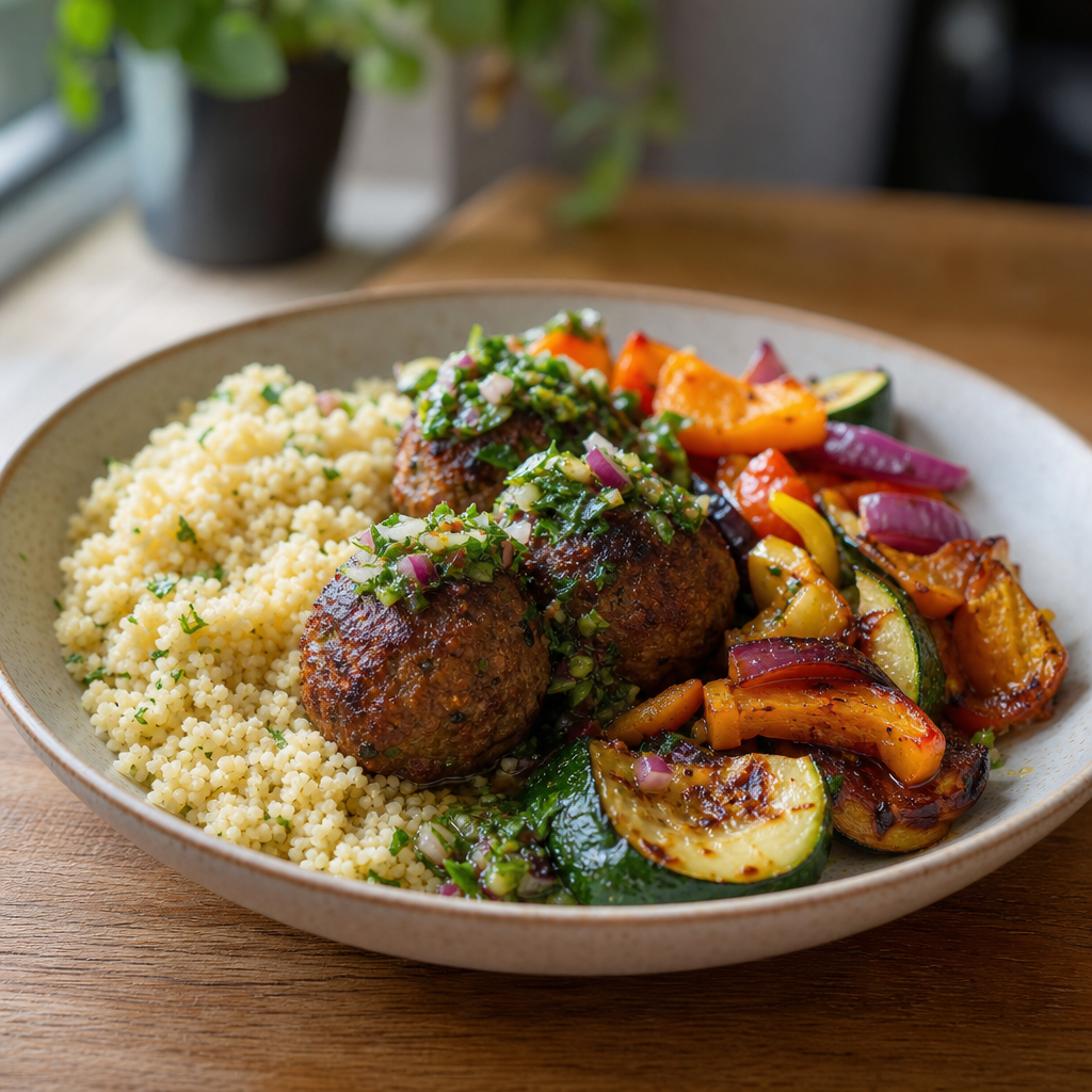 Kjøttboller med couscous, ovnsbakte grønnsaker og chimichurri