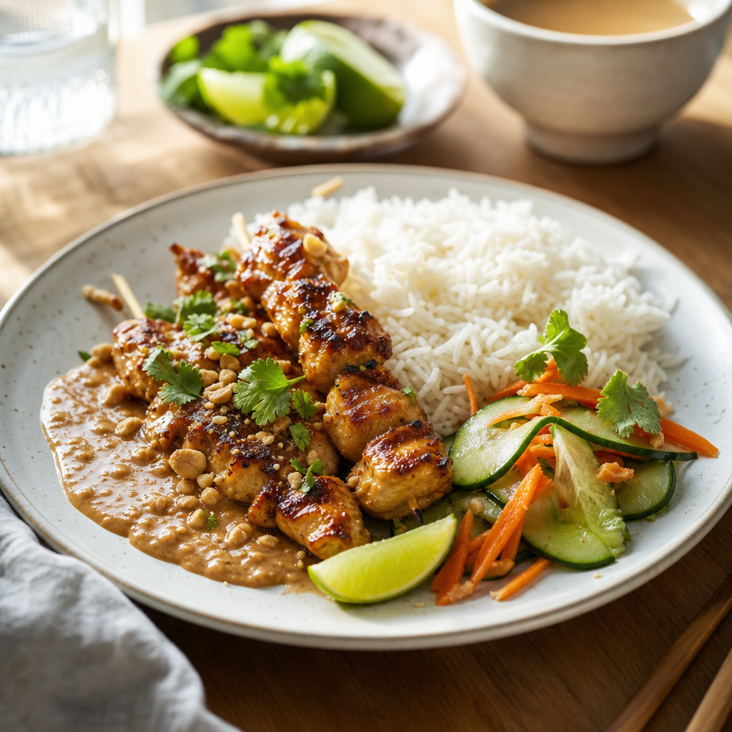Kylling satay med peanøttsaus, jasminris og enkel agurk- og gulrotsalat