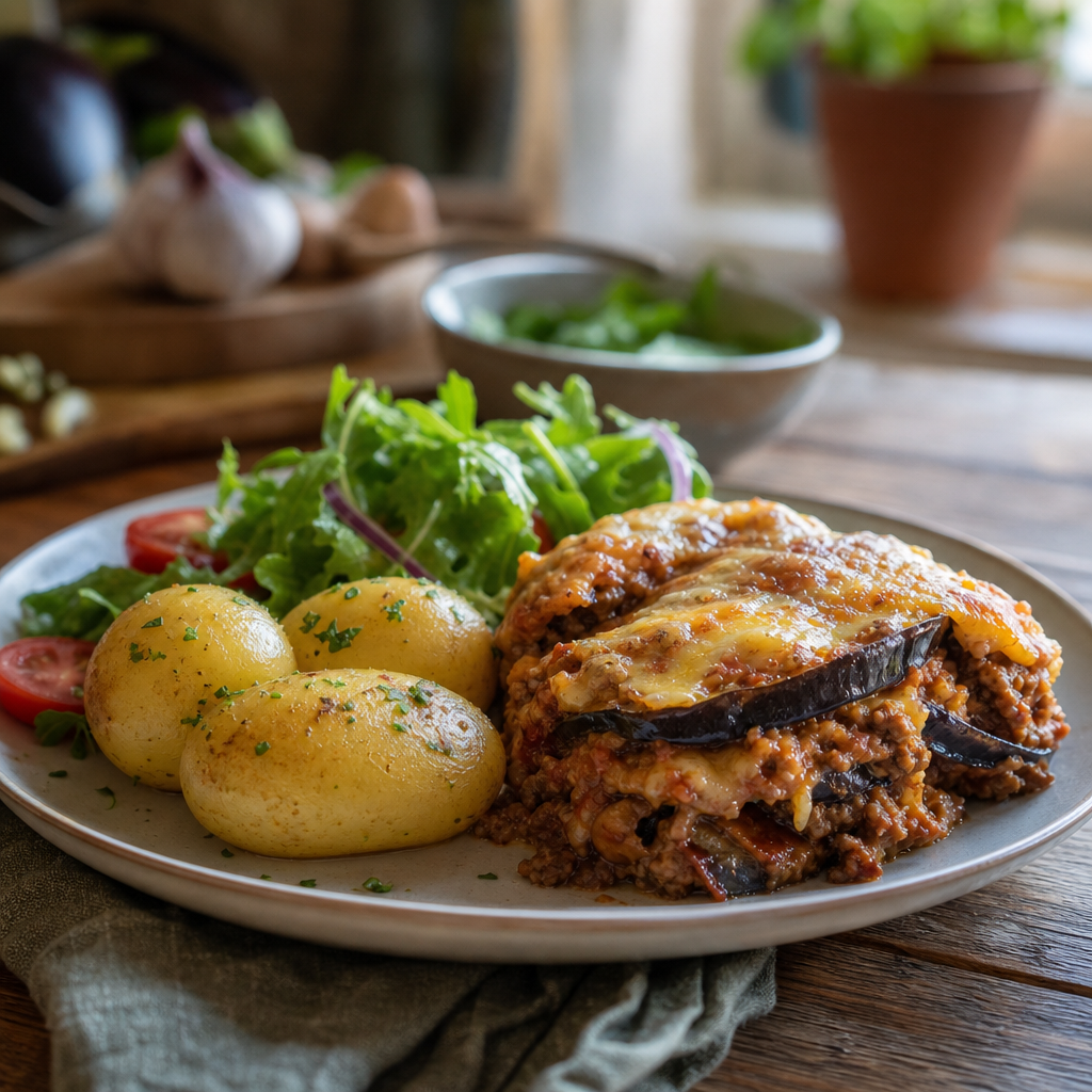Aubergine- og kjøttdeiggrateng med poteter og grønn salat