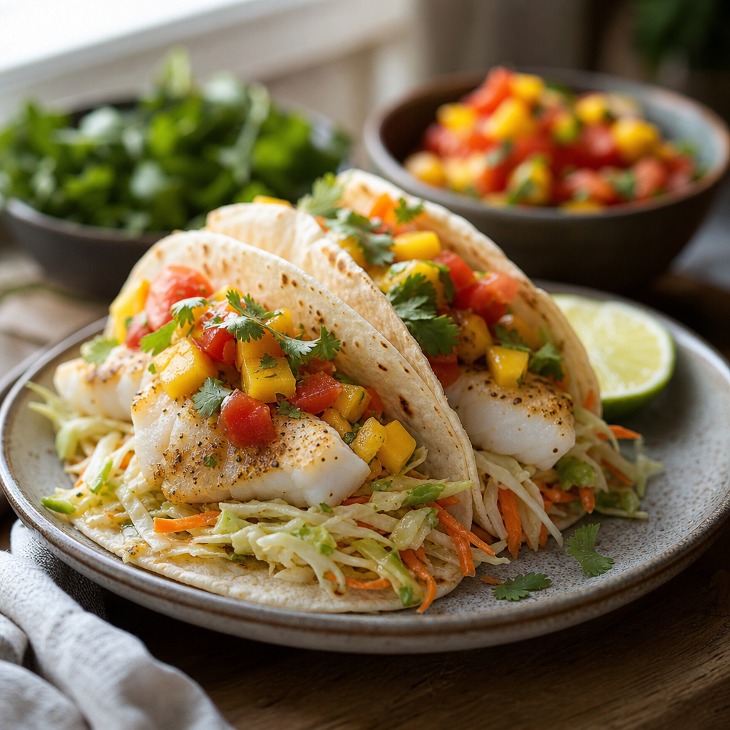 Fisketaco med ovnsbakt torsk, mangosalsa og kålslaw