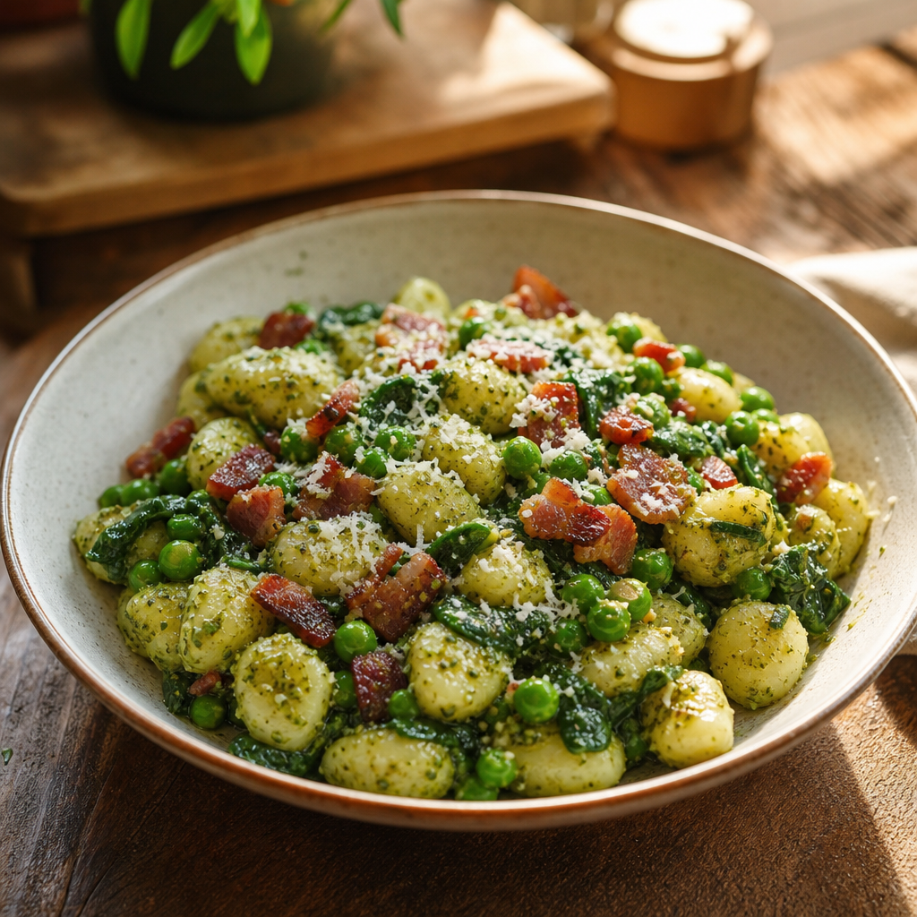 Gnocchi med pesto, bacon, erter og spinat