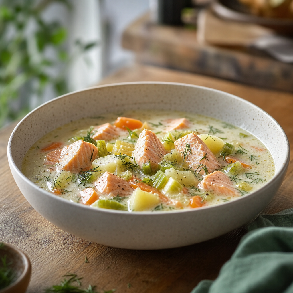 Kremet laksesuppe med potet, purre og dill