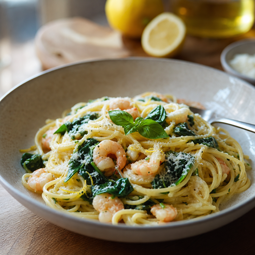 Sitronpasta med reker, spinat og parmesan