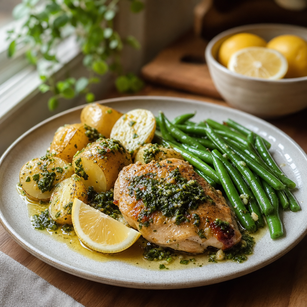 Sitronkylling med poteter, grønne bønner og chimichurri