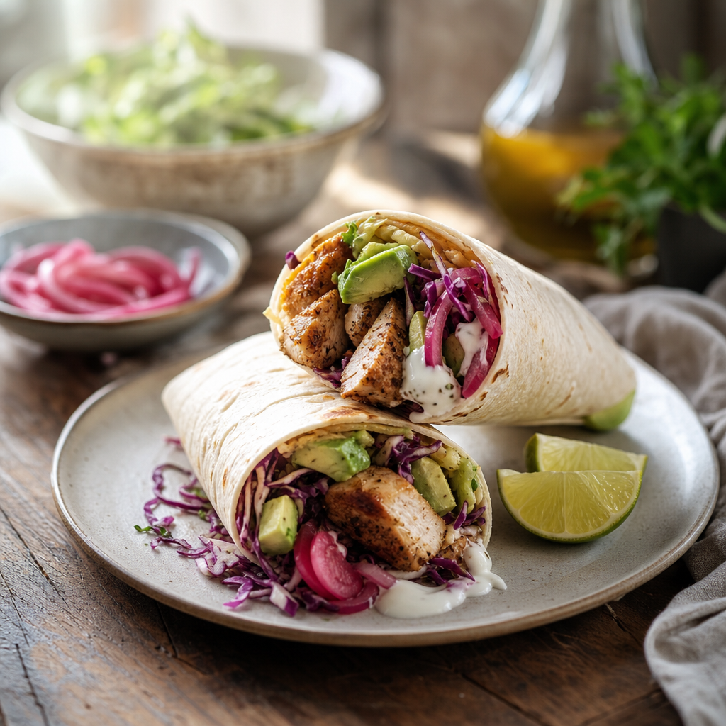 Kyllingwraps med crunchy kål, avokado, syltet rødløk og yoghurtsaus
