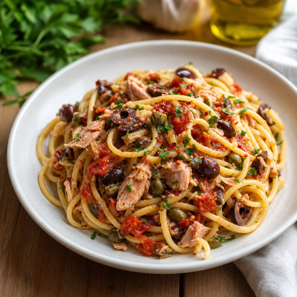 Pasta puttanesca med tunfisk, oliven og kapers