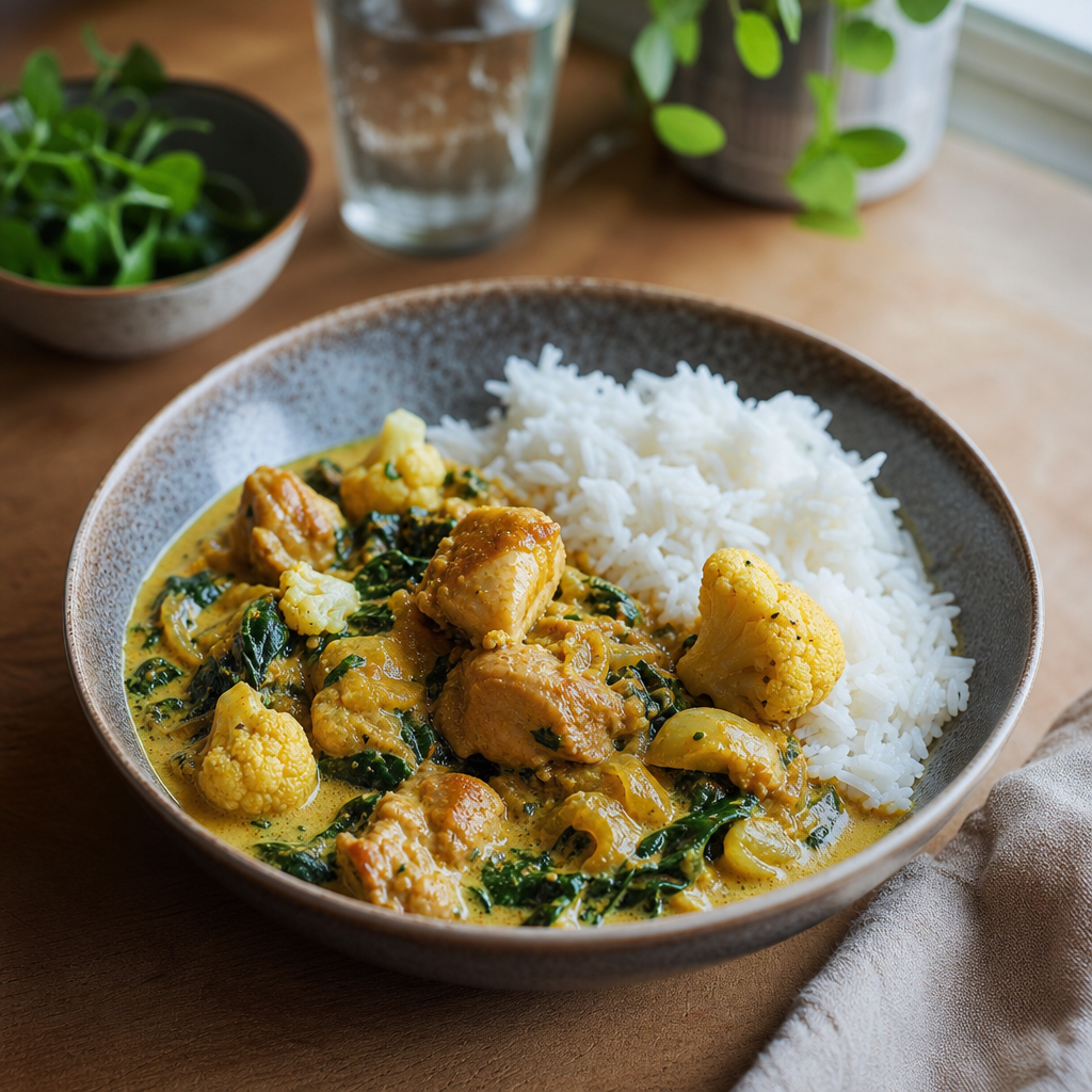 Kylling korma med blomkål og spinat, basmatiris