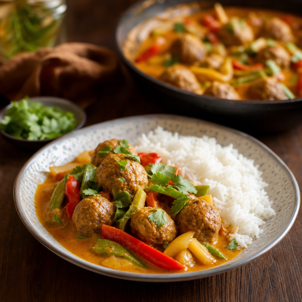 Kjøttboller i rød curry med kokosmelk, grønnsaker og ris