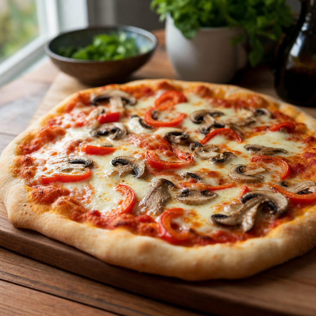 Pannepizza med tomatsaus, mozzarella, sopp og paprika