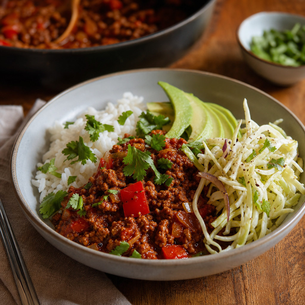 Mild kjøttdeigchili med ris, avokado og sprø kål
