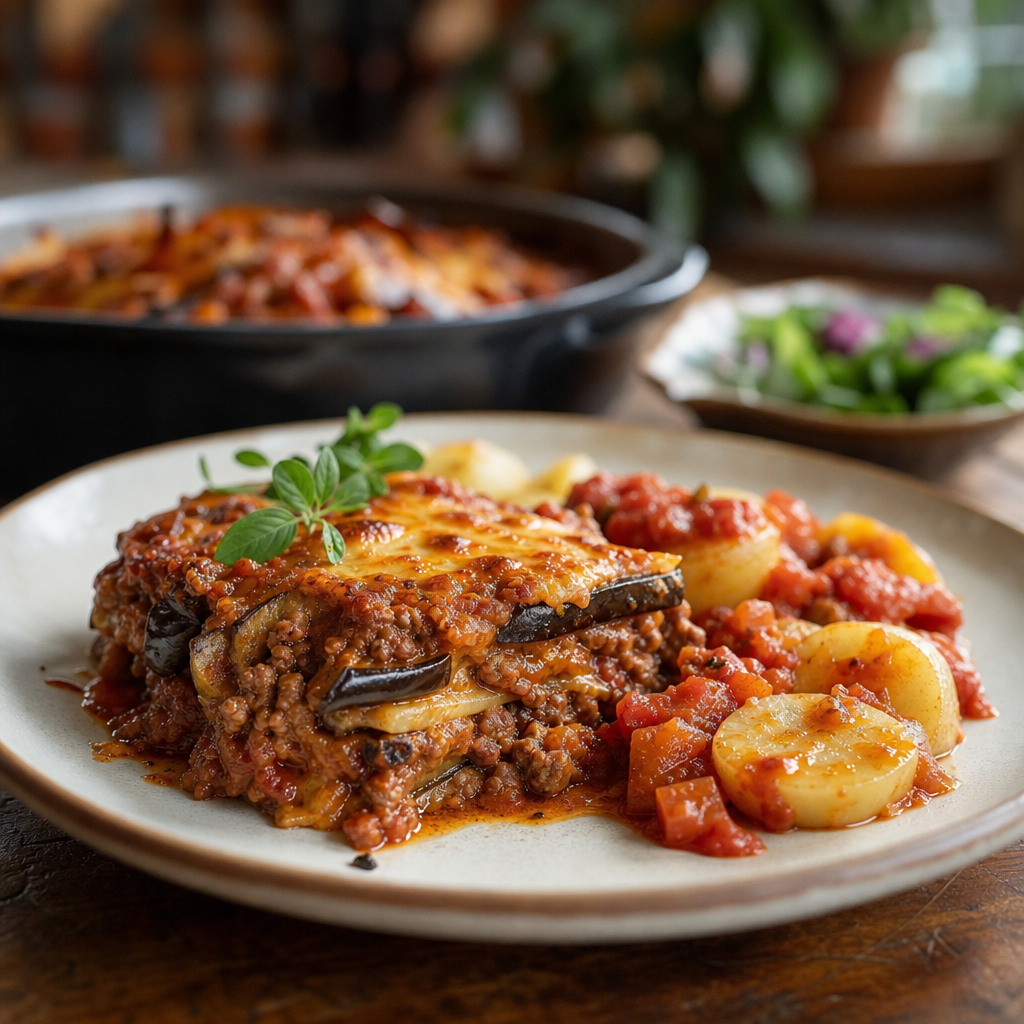 Aubergine- og kjøttdeiggrateng med poteter og tomatsaus