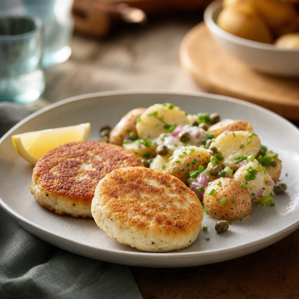 Hjemmelagde fiskekaker av sei med lun potetsalat og kapers