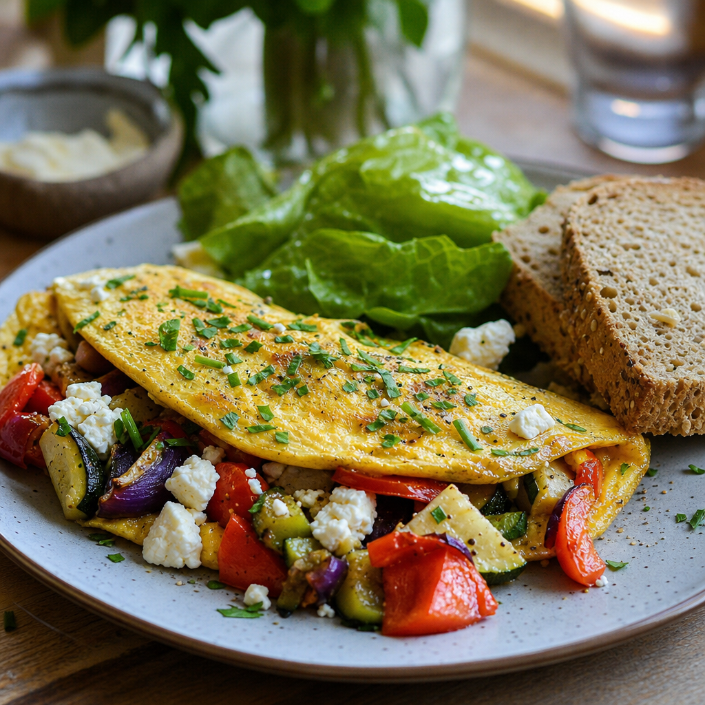 Omelett med ovnsbakte grønnsaker, feta og grovbrød