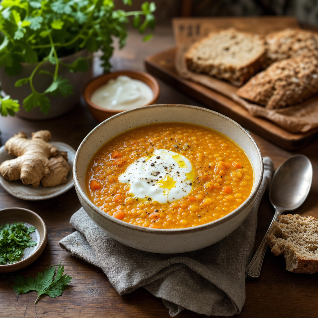 Gulrot- og linsesuppe med ingefær, yoghurt og grovt brød