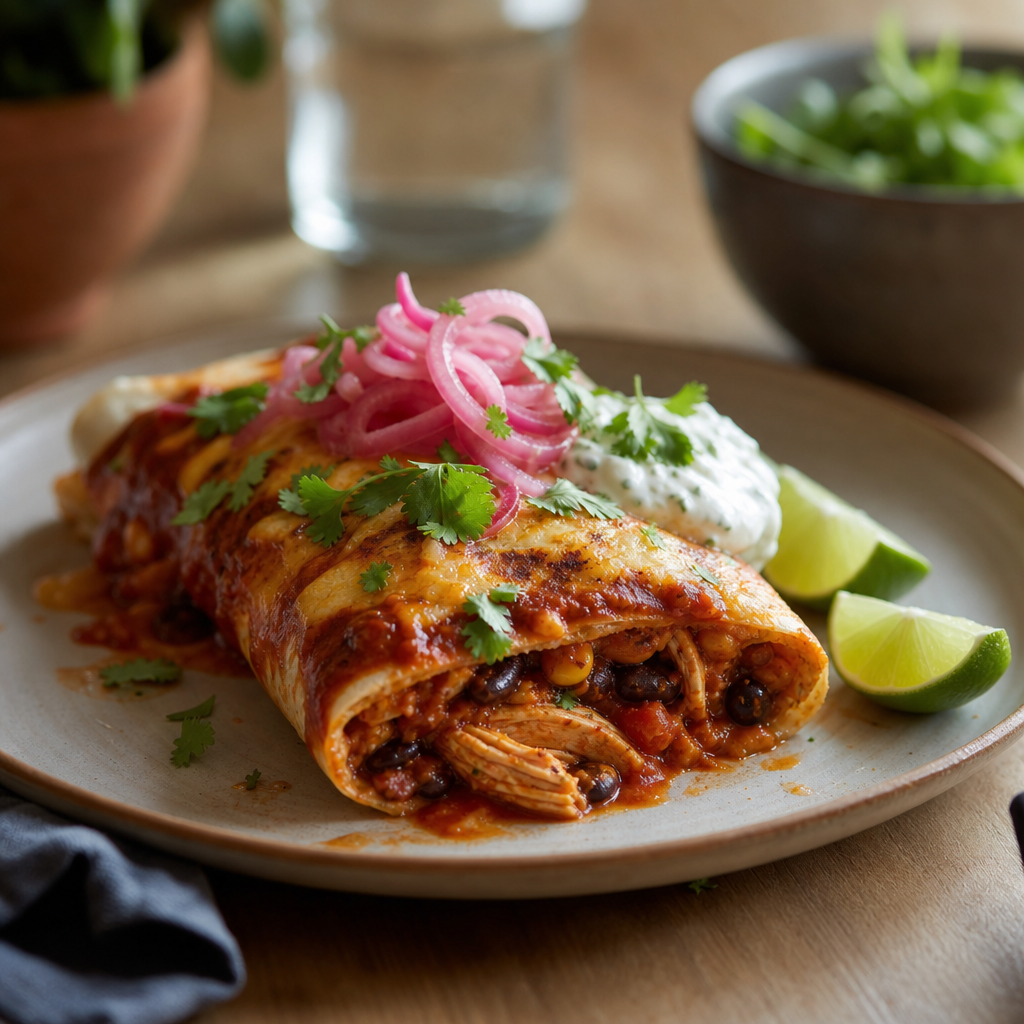 Enchiladaform med kylling og bønner, syltet rødløk og limeyoghurt