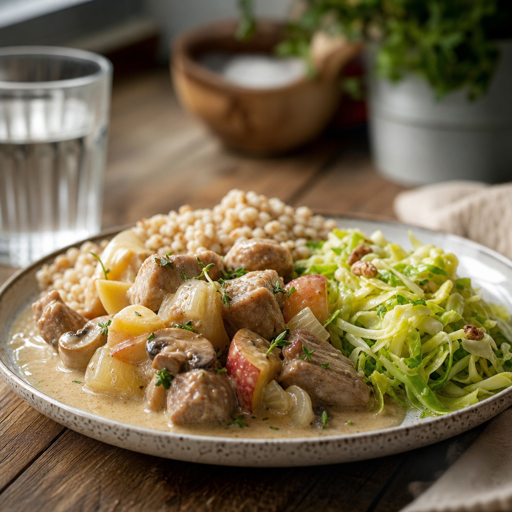 Kremet svinegryte med eple og sennep, perlebygg og sprø spisskålsalat